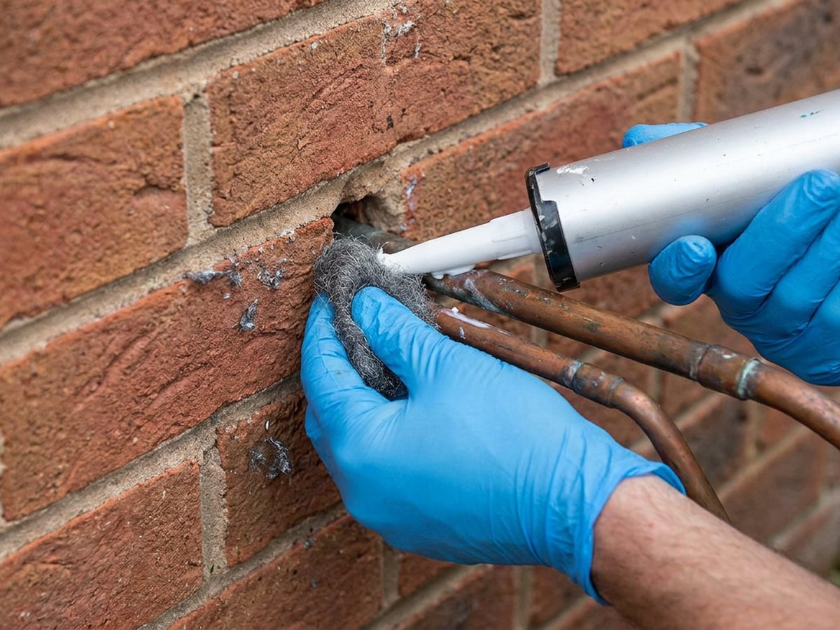 Sealing a rodent entry point around utility pipes with steel wool and sealant